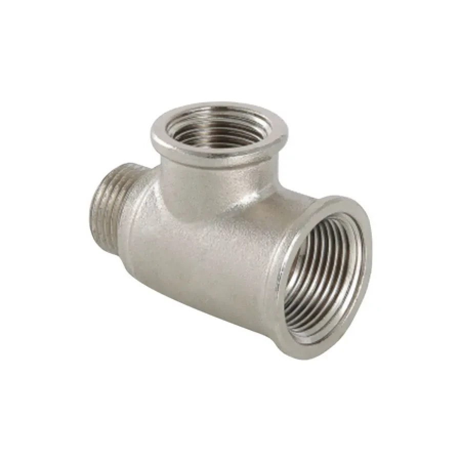 Тройник НИКЕЛИРОВАННЫЙ с переходом на наружную резьбу VALFEX ВР3/4"-ВР3/4"-НР1/2" (60/10)